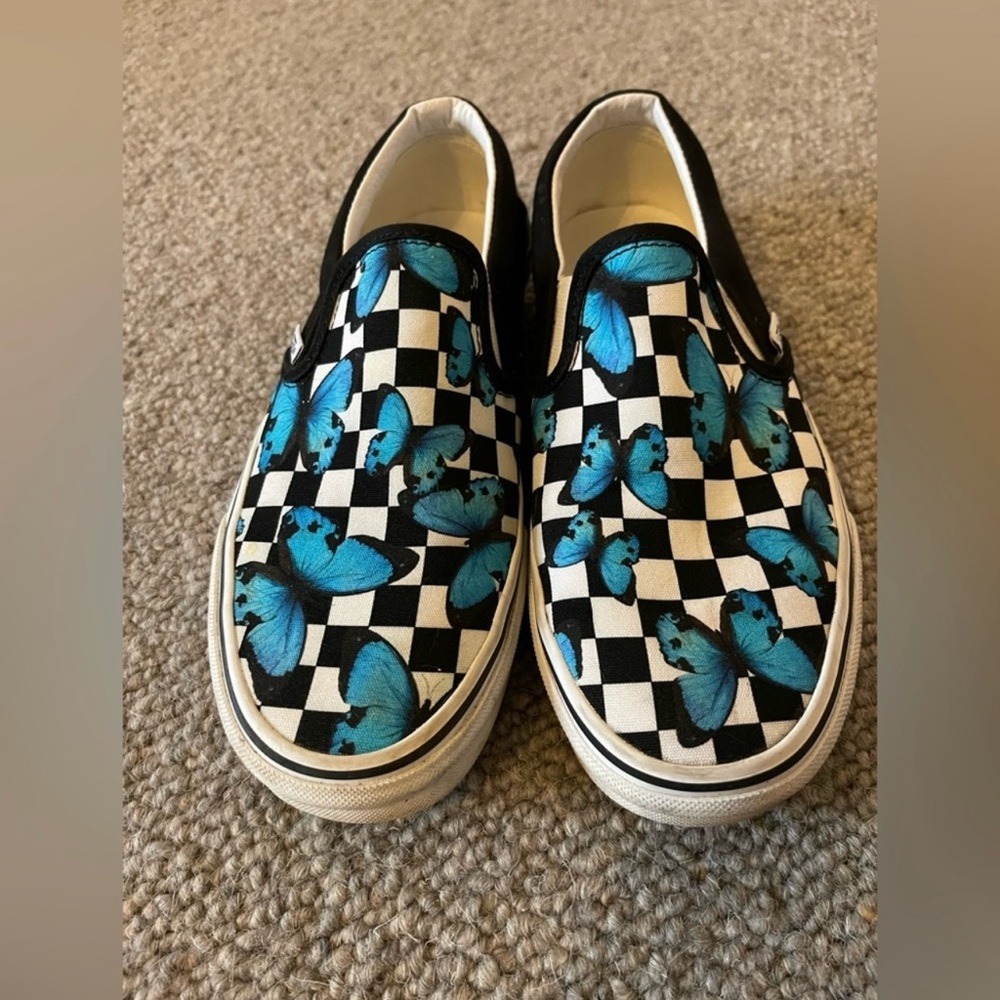 Women’s Vans Size 8 Slip-On Shoes with Blue Butterfly Design